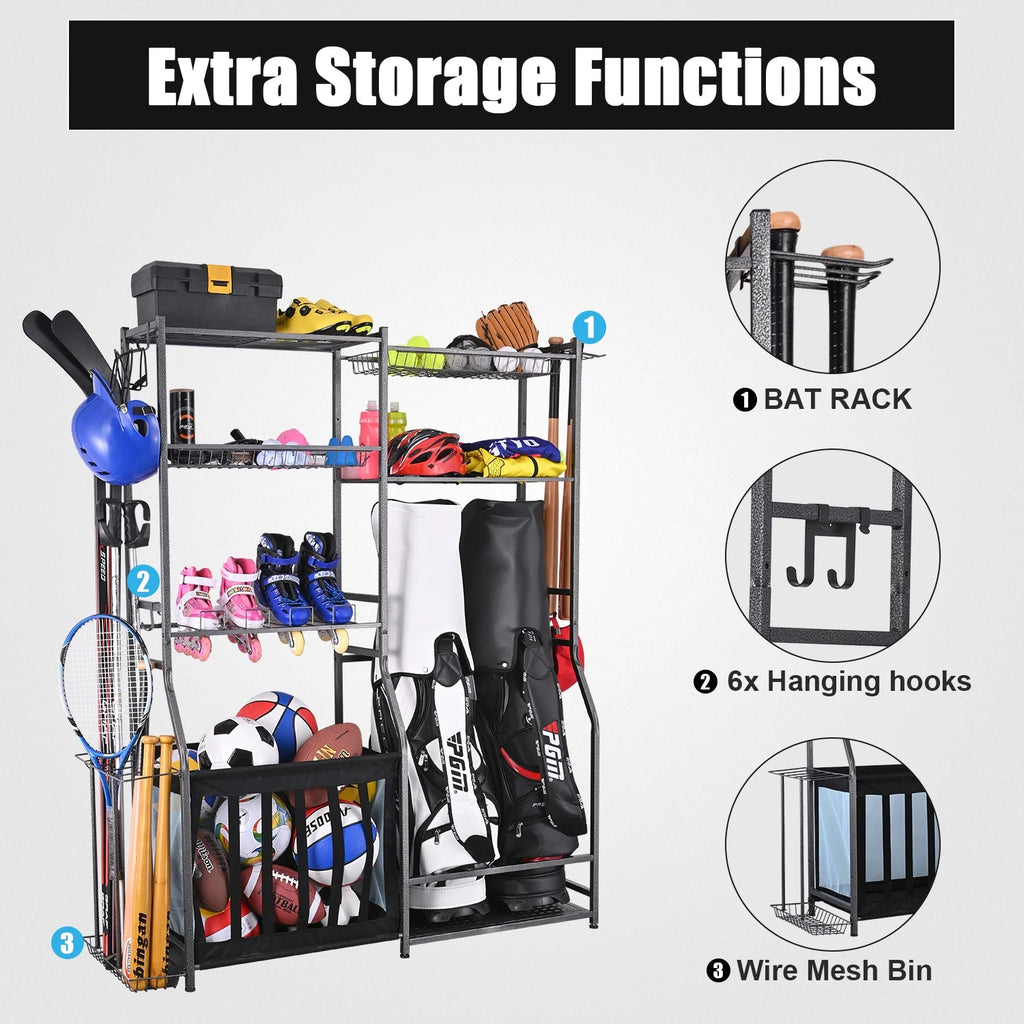 Garage Sports Equipment Storage, 2 Golf Bag Storage Rack, Garage Ball Organizer Rack