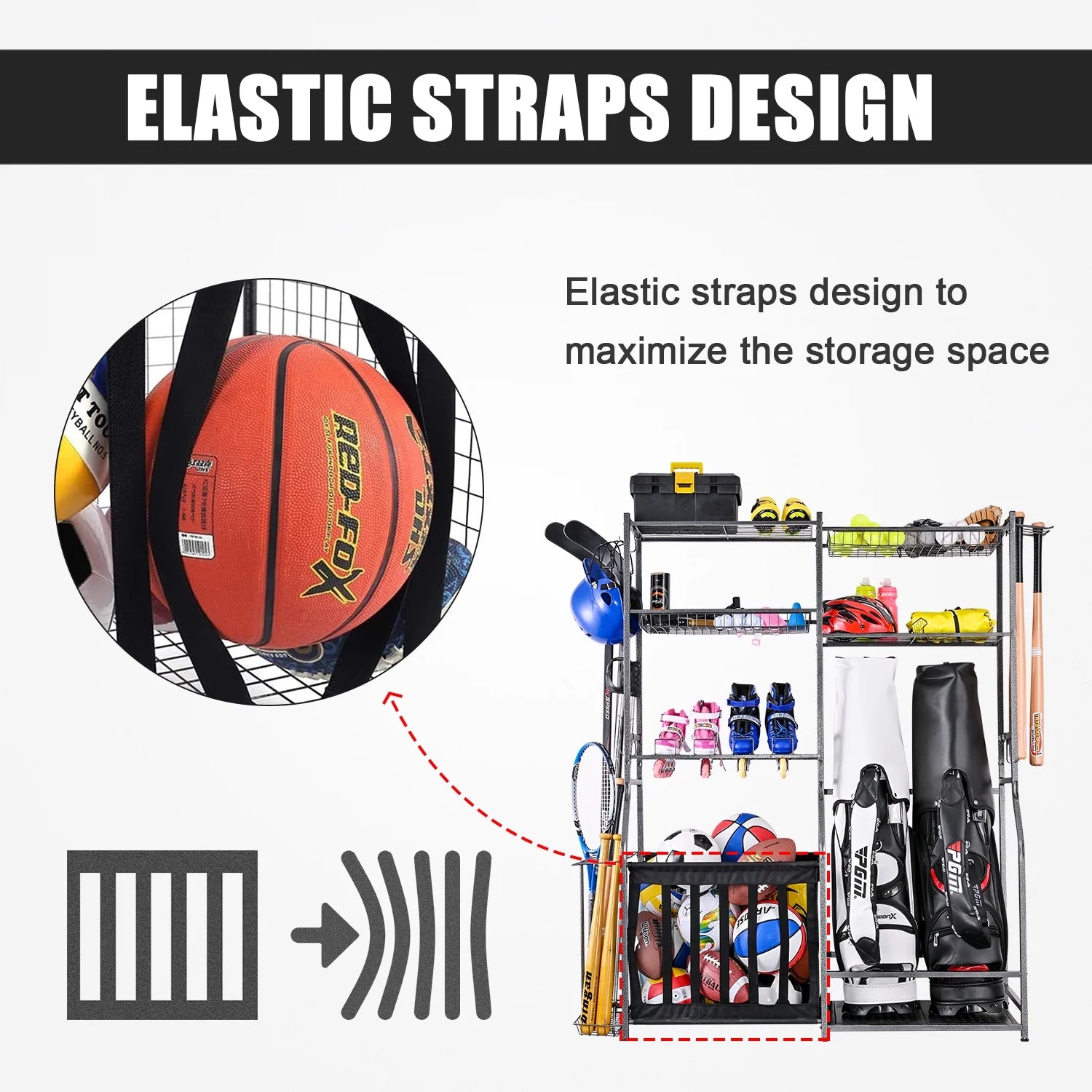 Garage Sports Equipment Storage, 2 Golf Bag Storage Rack, Garage Ball Organizer Rack